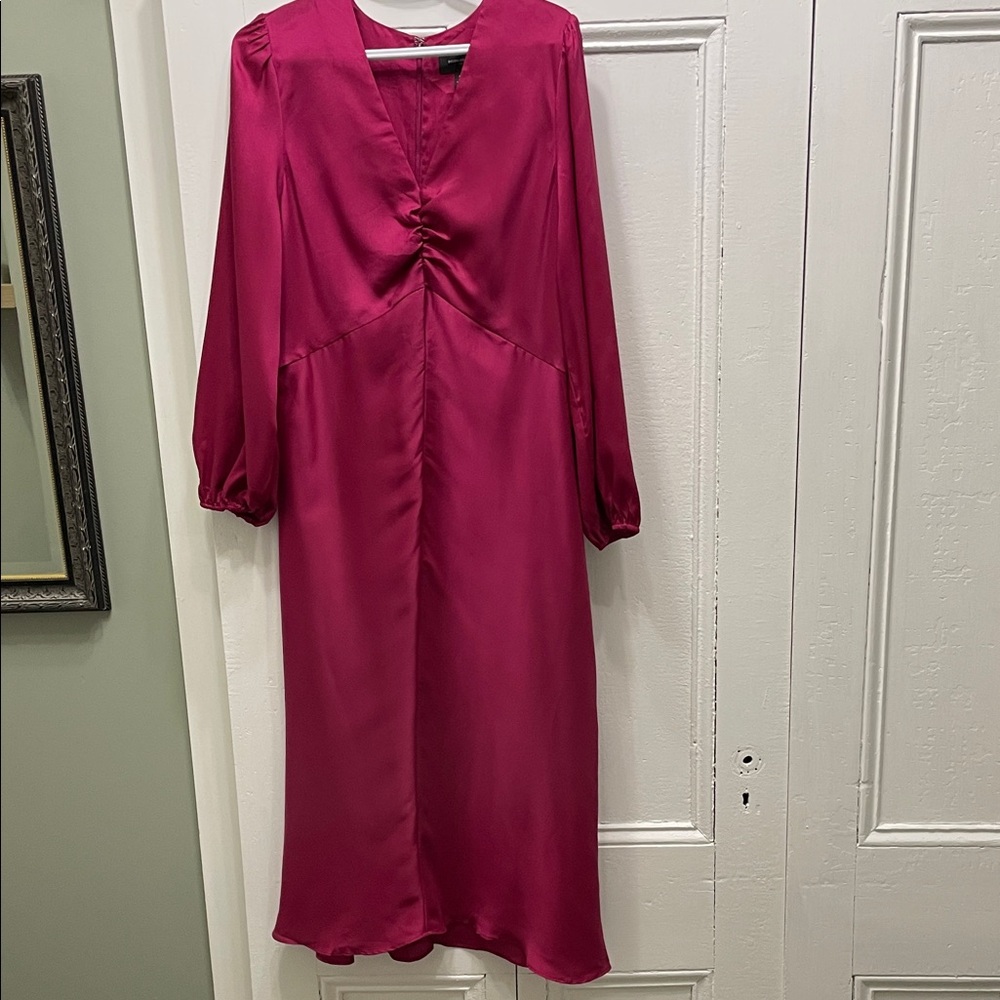 Banana Republic Fuchsia Pink Satin V-Neck Midi Dress size 12 Large
